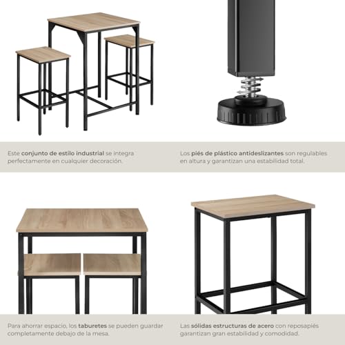 Miniatura 5 de Tectake Mesa Alta De Bar Con 2 Taburetes, Mueble De Cocina Estilo Industrial, Diseño Comedor Y Mesa Cocina, Muebles De Salon, Taburete - 120 X 60 X 91 Cm Madera Industrial Clara, Roble Sonoma