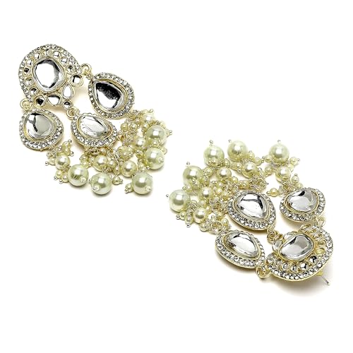 Gold-Plated Kundan & Pearls Teardrop Mirror Earrings