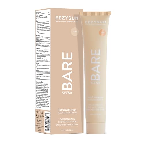 EEZYSUN BARE Tinted Sunscreen for Face SPF 50 - Non-Greasy, Weightless, Water-Resistant, Vegan & Reef-Safe Tinted Moisturizer with SPF, Hyaluronic Acid, Jojoba Oil - All Skin Types, 1.69 fl oz - Deep