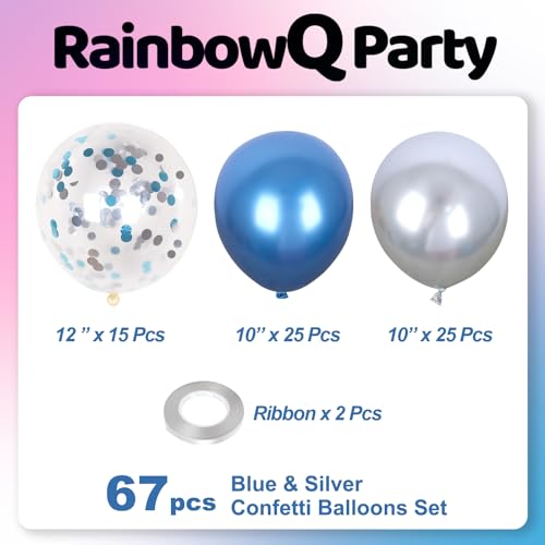 Image of Metallic Shiny Blue and Silver Balloons 12 Inch 67PCS Silver Blue Confetti Balloons Latex Helium Balloon Set for Graduation Wedding Birthday Party Decorations