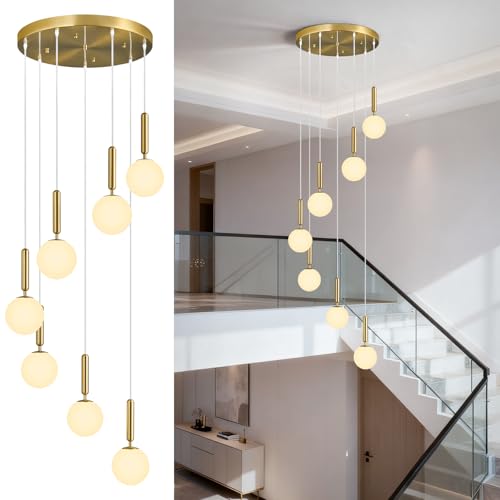 Image of 7-Lights Gold Chandelier with Milk White Glass Hanging Fixture Light