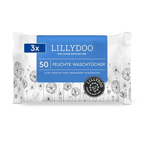 Toallitas húmedas LILLYDOO, 50 unidades, 100% tejido libre de plástico, paño extragrande, sin perfume (Paquete de 3)