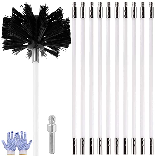 21.5ft Chimney Cleaner Brush Kit, Duct Vent Rotary Cleaning Set,with 16 Flexible Rods, Brush Head, Gloves, Hexagonal Bar Chimney Sweep Kit for Fireplace/Dryer Vent/Sewage Pipe (Sets of 12Pcs)