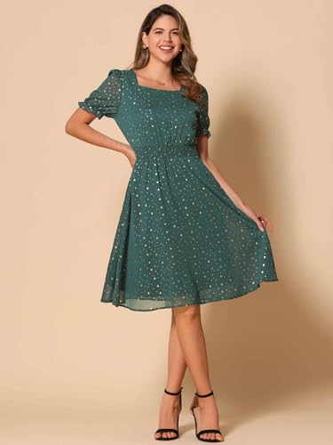 Image of Allegra K Party Midi Dress for Women Ruffle Short Sleeve Elastic Waist A-Line Metallic Star Dresses