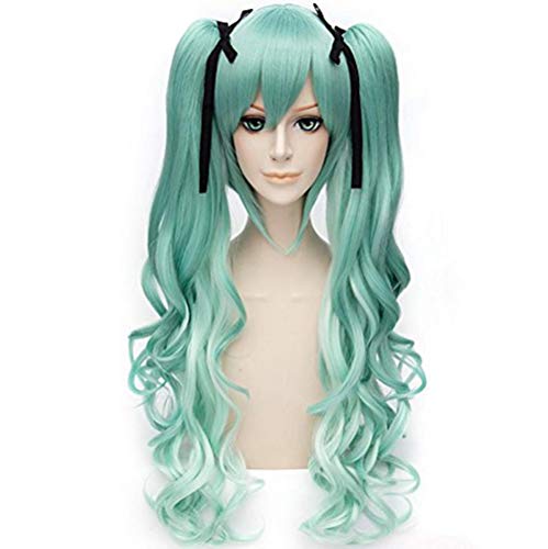 Perruque vert ruban anime avec fibres thermorésistantes faciles à coiffer