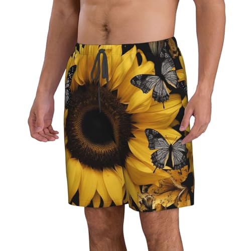 Butterfly and Sunflower Men's Swim Trunks Quick Dry Board Shorts with Pockets Casual Drawstring Beach Shorts2
