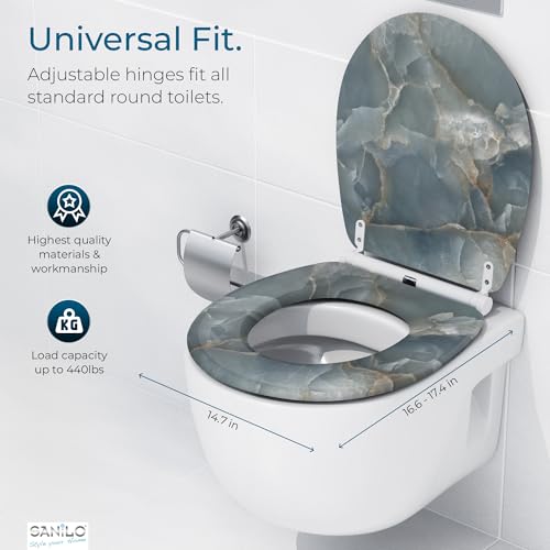 Image of Sanilo Wooden Toilet Seat with Quick Release & Soft Close [ROUND] - Decorative & Slow Close Molded Wood Seat - With One Click for Easy Installation & Cleaning - With Adjustable Fit (Marble Italia)