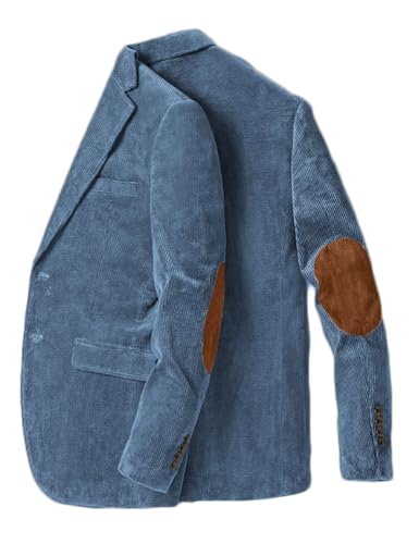 Stillluxury Veste en velours à patch au coude pour homme, veste de sport décontractée à revers à simple boutonnage, veste de mariage, Bleu poudré, XL