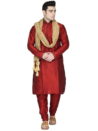 SKAVIJ Uomo Tunica Abbigliamento Etnico Tunica Kurta Pigiama, e Sciarpa Set Rosso_M