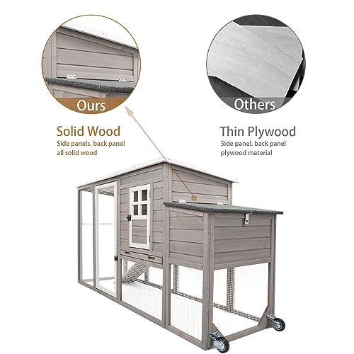 Gowoodhut Chicken Coop Solid Wood with Large Run Cage 2 Stories - Asphalt Roof, Nest Box, Pu Wheels, Pole Chicken Perch