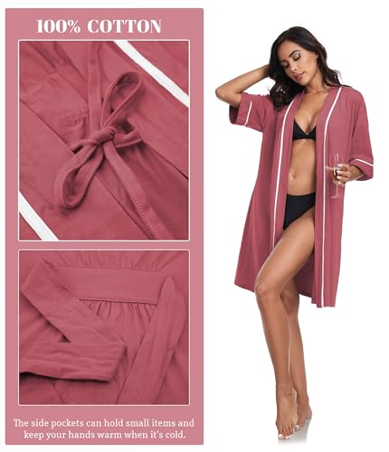 Image of ANLIQI Womens 100% Cotton Robes Lightweight Summer Short Sleeve Lady Bathrobe Knee Length Kimono Robe Sleepwear with Pockets
