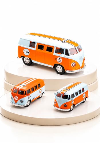 Image of 1:36 Scale Volkswagen T1 Samba Bus Die Cast Model - Gulf Racing Edition, Pull Back Action, Dual Openable Side Doors, Zinc Alloy Metal Body, Vintage Collectible Toy Van for Kids & Adults