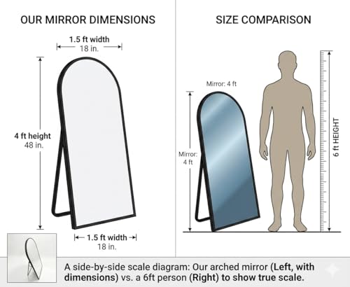 Image of Ellehome A Perfect Home Decor Arched Full Length Floor Mirror with Stand, Black Metal Heavy Frame, 4 ft x 1.5 ft, Freestanding (Black, 4 x 1.5 ft)
