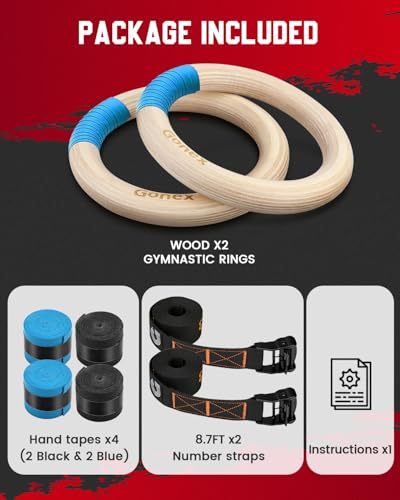image for Gonex Gymnastics Rings with Adjustable Number Cam Buckle Straps, Worko