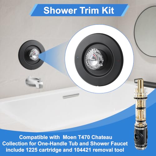 Image of Shower Trim Kit, Compatible with Moen T470 Chateau Shower Trim Kit With Replacement Cartridge and 104421 Removal Tool, Escutcheon, Tubes, Shower handle and Screws (Matte Black)