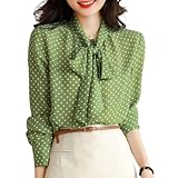【1/2style】ボウタイブラウス 長袖 とろみ シャツ 水玉 千鳥 無地 上品 シルエット 体型カバー きれいめ オールシーズン レディース (水玉緑,3XL)