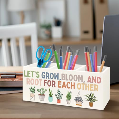 Image of Boho Plant Classroom Wooden Pen Pencil Holder for Office Desk Accessories, Back to School Supplies for Students College Boys Girls Teachers First Day of School, Let's Root for Each Other