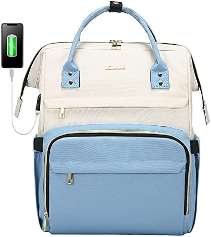 LOVEVOOK Laptop Backpack for Women Fashion Business Computer Backpacks Travel Bags Purse Doctor Nurse Work Backpack with USB Port, Fits 15.6-Inch Laptop Beige-Light Blue