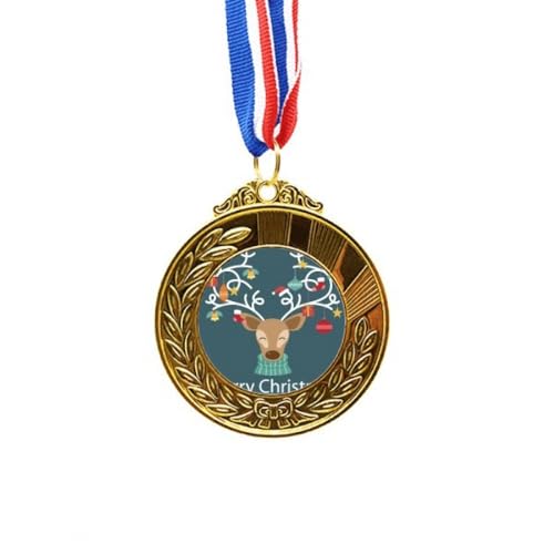 Medalla de oro con cinta de festival y diseño de reno para competiciones