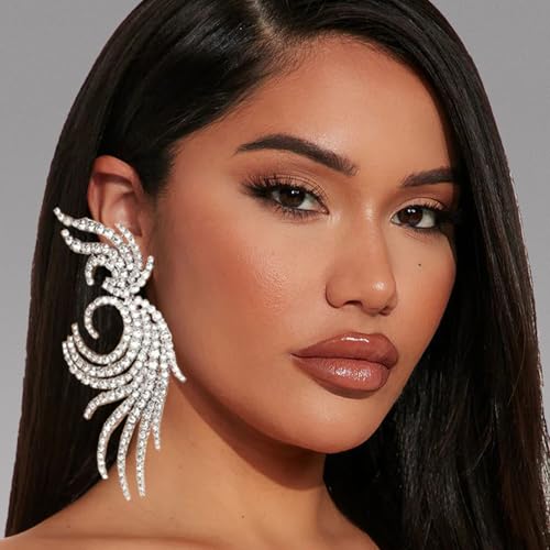 Large Silver Rhinestone Clip On Earrings For Women Dressy Oversized Crystal Statement Earrings Trendy Jewelry (Silver)2