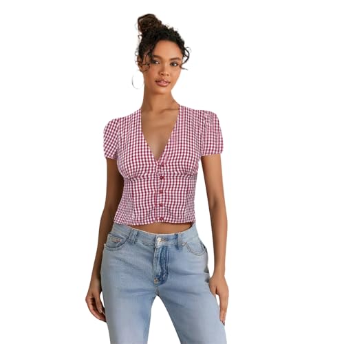 Amazon.com: Women Gingham Top V Neck Cap Sleeve Button Down Shirts