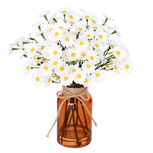 Muhanjia Artificial Daisy Flowers in Amber Glass Vase with Faux Water,9Pcs White Artificial Silk Flowers with Stems for Centerpiece (Daisy)