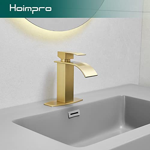 Hoimpro Gold Single Hole Waterfall Spout Bathroom Faucet,Single Handle Bathroom Vanity Sink Faucet With Deck Plate, Brass/Brushed Gold (1 Hole) #TOP1