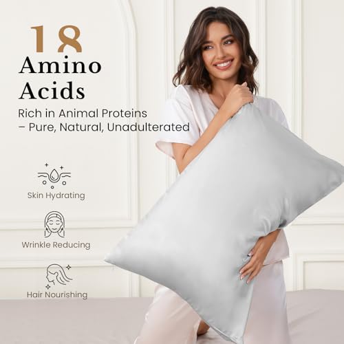 Image of THXSILK Silk Pillowcase for Hair and Skin, 100% Both Side Mulberry Silk Bed Pillowcase with Hidden Zipper, Gift Box, 25 Momme Soft Breathable Smooth, Silk King Pillow Case (Grey /Silver)