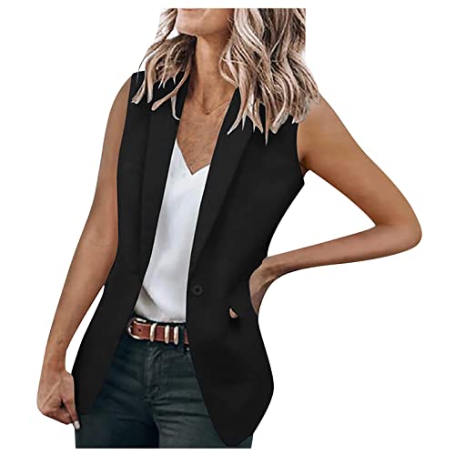 DOGZI Chaqueta tipo blazer sin mangas para mujer, chaleco largo sin mangas, frente abierto, elegante, de crepé, con bolsillo, abrigo para oficina de negocios, Negro, 44
