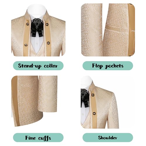 Mens Tuxedo 3 Pieces Slim Fit Suit Blazer Stand Collar Pants Printed Wedding Host Meet Events Banquet Dinner3