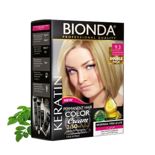Tinte permanente BIONDA Professional Color Cream 9.3, rubio dorado claro, 200 ml, paquete doble, queratina y moringa, color intenso y duradero con brillo, cobertura 100% de canas