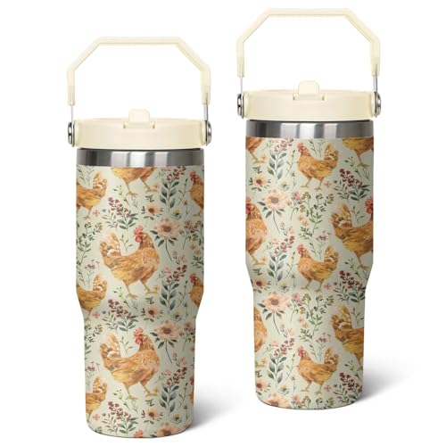30 Oz Chicken Tumbler with Handle and Straw, Insulated Rooster Cup Gifts for Chicken Lovers Women, Double Wall Stainless Steel Chicken Mugs, Chicken Travel Mug Chicken Gifts for Women
