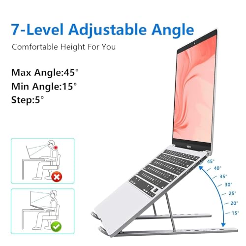 Image of Laptop Stand Metal for Desk, Adjustable Aluminum Laptop Stand with 7 Angles, Foldable Ergonomic Laptop Riser, Portable Ventilated Laptop Holder for 10-15.6 Inch Laptops, Supports 10kg