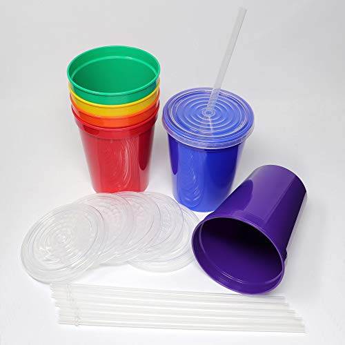 Rolling Sands 16 Oz. Reusable Plastic Stadium Cups With Lids, 6 Pack, Usa Made Tumblers And Lids, Includes 6 Reusable Straws; Dishwasher Safe, Rainbow #TOP2