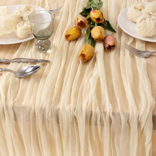 Image of MLMC 8 Pack Beige Cheesecloth Table Runner 10ft Cream Rustic Gauze Cheese Cloth Table Runner 35x120 Inches for Wedding Baby Bridal Shower Boho Home Decor