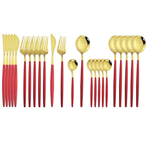 JASHII Flatware Serving Set 24 Piece, Stainless Steel Silverware Set, Red Gold Cutlery Set, Modern Elegant Tableware Set for Party, Christmas, Dinner (Red Gold)