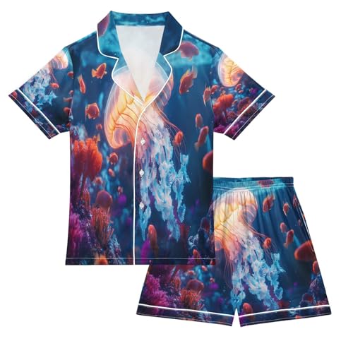 ALAZA Jellyfish Fish Ocean Sea Satin Pajamas Set Short Sleeve Button Down Sleepwear Summer Pjs 2 Piece