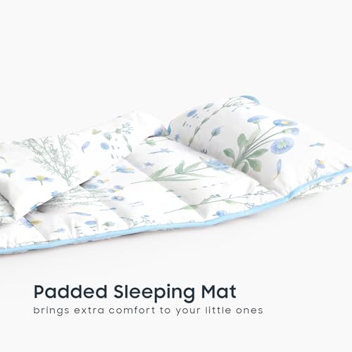 Image of Wake In Cloud - Toddler Nap Mat with Pillow and Blanket, 100% Cotton Fabric, for Kids Girls Ages 3 Plus in Daycare Kindergarten Preschool, Sleeping Bag, Botanical Flowers