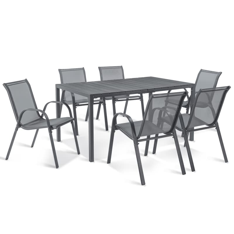 IDMarket - Salon de Jardin Poly Table 150 CM et 6 chaises empilables Gris Anthracite