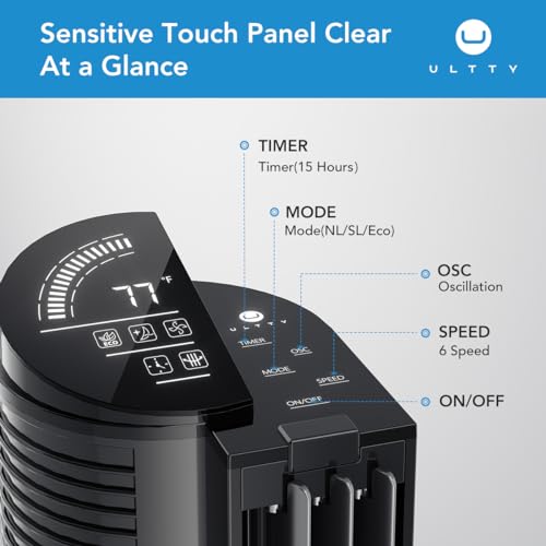 U ULTTY Tower Fan for Bedroom, 30ft/s Velocity Quiet Floor Fan, 60° Oscillating Fans for Indoors with 6 Speeds, 4 Modes, 15H Timer, Standing Fans, 40 inch Bladeless Fan for Home, Living Room, Black