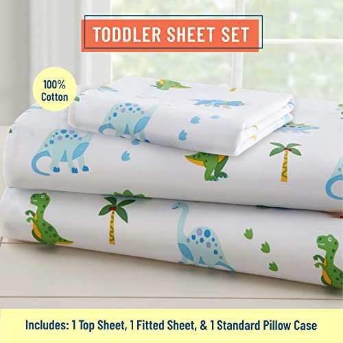 Wildkin Kids 100% Cotton Toddler Sheet Set For Boys & Girls, Bedding Set Includes Top Sheet, Fitted Sheet, Standard Pillow Case, Ideal Bed Sheet Set For Cozy Cuddles (Dinosaur Land) #TOP1