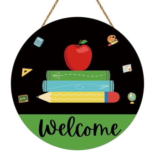YUNKKIN Welcome Sign for Classroom Classroom Door Decorations Book Pencil Wall Decor Wooden Front Door Hanger Wreath for First Day of School Bulletin Board Teacher Supplies Indoor Decor