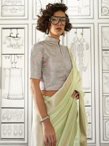Image of MADHUHANSH Women's Cotton Linen Saree with Unstitched Blouse Piece and Solid Pattern | Mithila Painting Saree | Saree for Haldi Ceremony