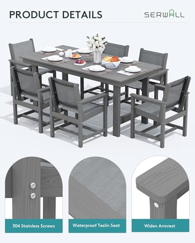Image of SERWALL 7 Pcs HDPE Patio Dining Set with 1 Table & 6 Woven Chairs, Black | HDPE Outdoor Dining Set with Rectangular Table & 6 Woven Chairs, All-Weather Patio Dining Furniture