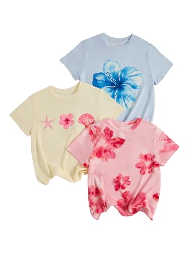 Image of RoseSeek Girl's Shirts 3 Packs Star Butterfly Graphic Tees Crew Neck Short Sleeve T Shirt Casual Tops