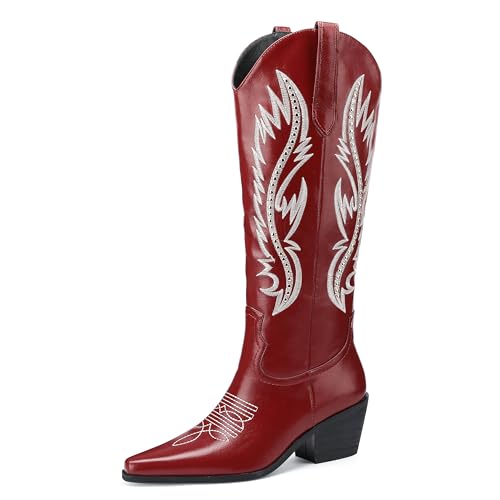 Image of LingxiaUne Red Knee High Cowboy Boots For Women Wide Calf Distressed Western Cowgirl Boot With Low Block Heels And Pointed Toe Trendy Comfortable Size 9