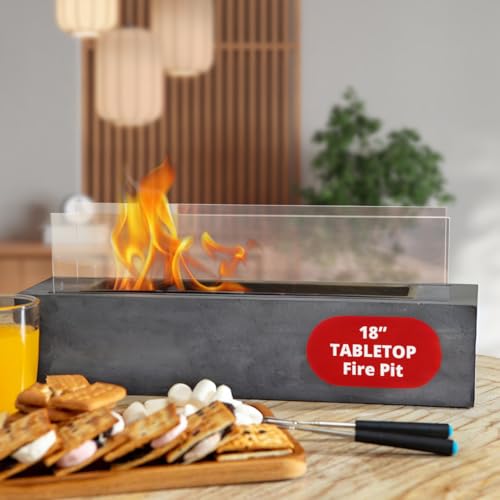 NovaMode Tabletop Fire Pit – Portable Smores Maker with Extendable Roasting Sticks – Smokeless Firepit - Indoor/Outdoor – Backyard, Balcony, Deck – Glass Surround - Housewarming - Dark Moonlight Gray