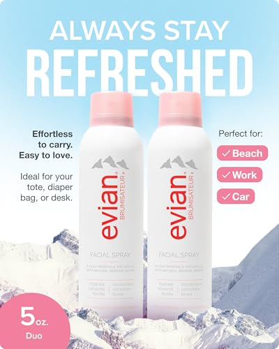 Evian Facial Spray 5 oz Duo Hydrating Mineral Water Mist for Face & Skin Refreshes Makeup, Sets, & Tones Facial Spray Twin Pack for Daily Skincare and Lightweight Facial Moisturizer Mist