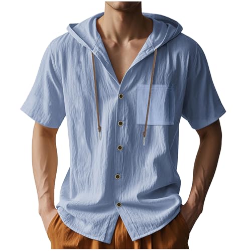 Mens Cotton Linen Hoodies Short Sleeve Button Down Shirts Casual Hawaiian Beach Yoga Drawstring Pullover Sweatshirts2