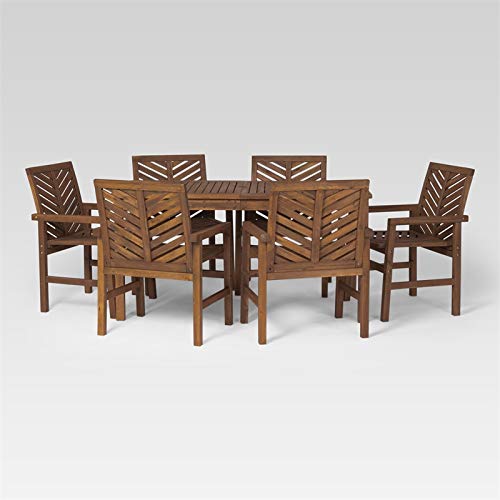 Walker Edison 6 Person Outdoor Wood Chevron Patio Furniture Dining Set Table Chairs All Weather Backyard Conversation Garden Poolside Balcony, 7 Piece, Dark Brown #TOP2